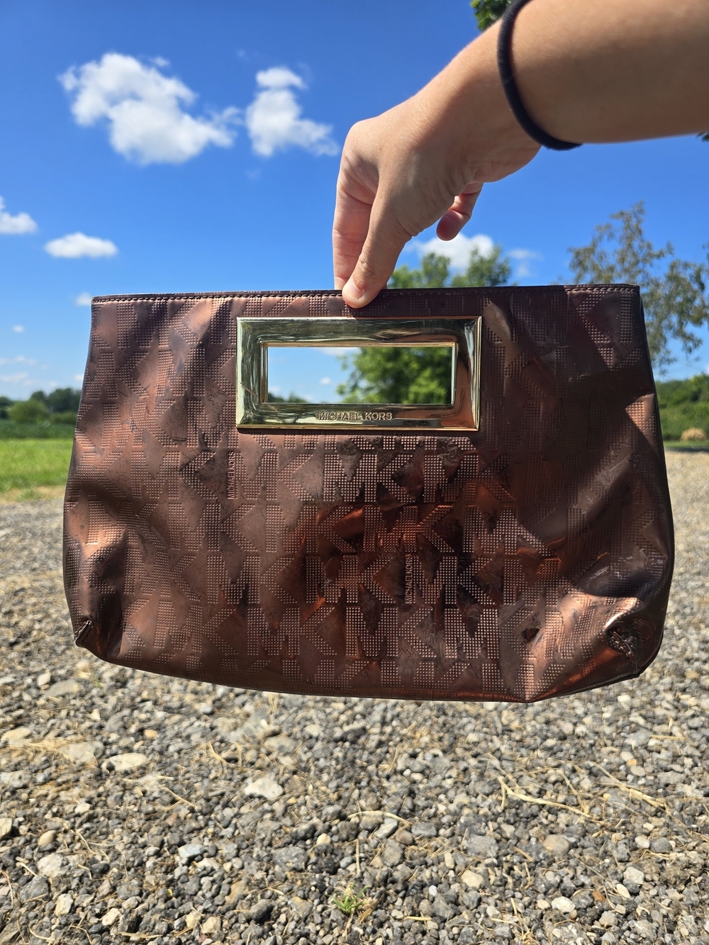 Michael Kors Metallic Bronze MK Logo Wristlet Clutch with Gold-Tone Handle